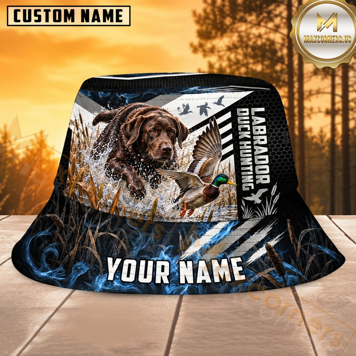 Maxcorners Labrador Duck Hunting Black Blue Badge Personalized Name 3D Bucket Hat