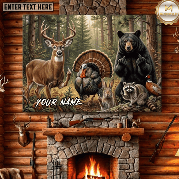 Maxcorners Hunting Funny Deer Bear Turkey Rabbit Raccoon Pheasant Forest Gang Wildlife Scene Canvas Wall Art