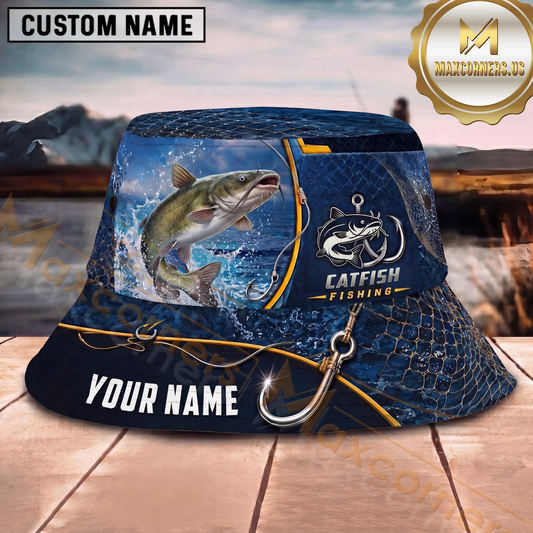 Maxcorners Fishing Blue Hook Net Water Splash Personalized 3D Bucket Hat (12 Fish Species)