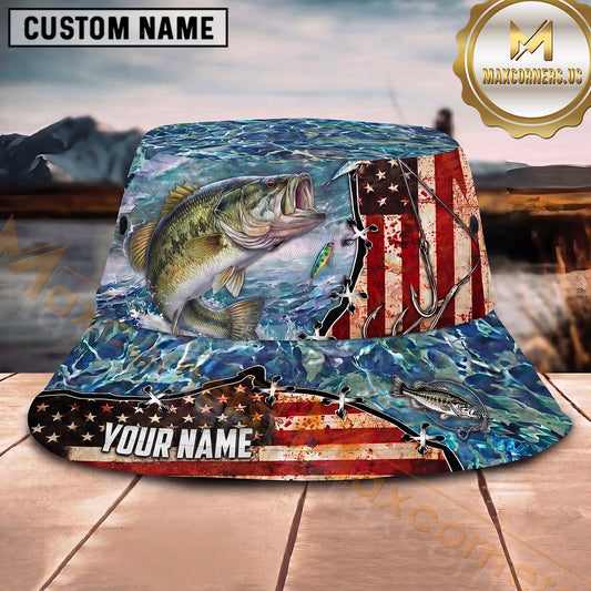Maxcorners Fishing Red White Blue Patriotic Fishing with Flag and Splash Personalized Name 3D Bucket Hat (13 Fish Species)