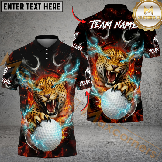 Maxcorners Savage Leopard Golf Polo Customized Name, Team Name 3D Shirts (4 Colors)