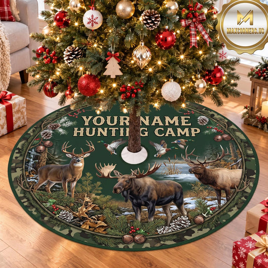 Maxcorners Hunting Deer Moose Green Hunting Camp Personalized Name 3D Christmas Tree Skirt