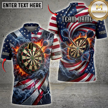 Maxcorners Darts American Flag Flaming Dartboard And Blue Lightning Personalized Name 3D Unisex Shirt