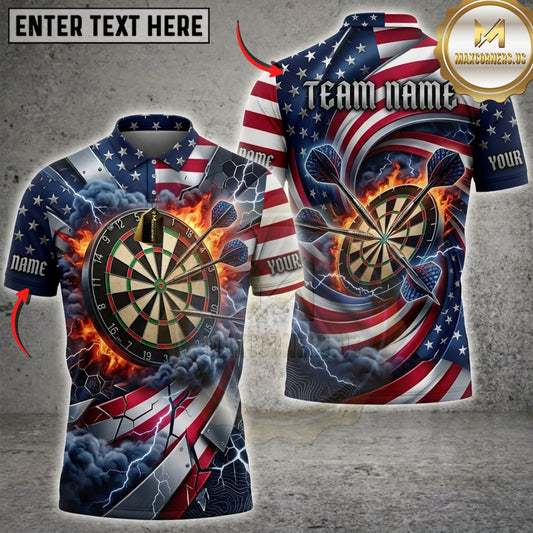 Maxcorners Darts American Flag Flaming Dartboard And Blue Lightning Personalized Name 3D Unisex Shirt