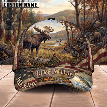 Maxcorners Moose Hunting Forest Landscape Live Wild Personalized Name 3D Cap