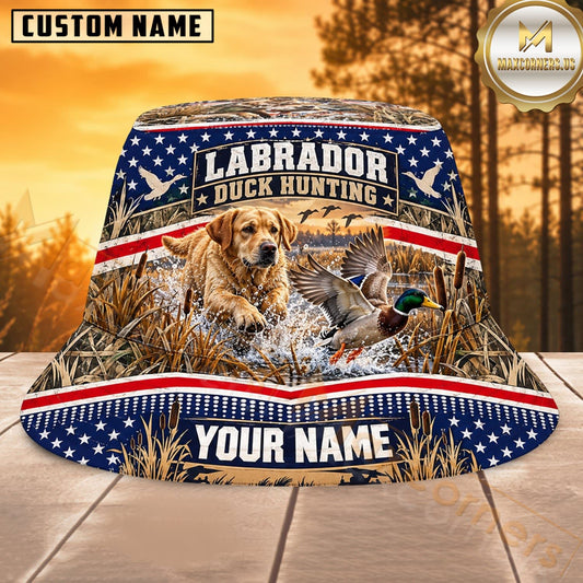 Maxcorners Labrador Duck Hunting Patriotic Banner Personalized Name 3D Bucket Hat