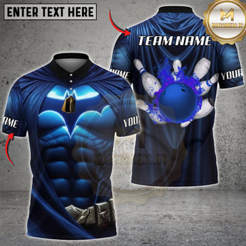 Maxcorners Bowling Blue Black Muscular Armor Blue Bowling Ball Personalized Name 3D Unisex Shirt