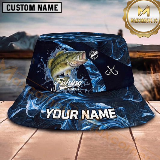 Maxcorners Fishing Blue Water Wave Fishing Illustration with Bold Hook Personalized Name 3D Bucket Hat (13 Fish Species)