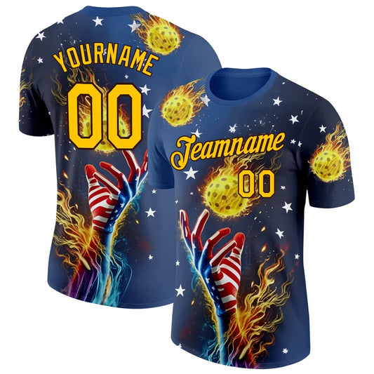 Maxcorners Flaming Pickleball American Flag Hands Fire Stars Athletic Blue Personalized Name 3D Unisex Shirt