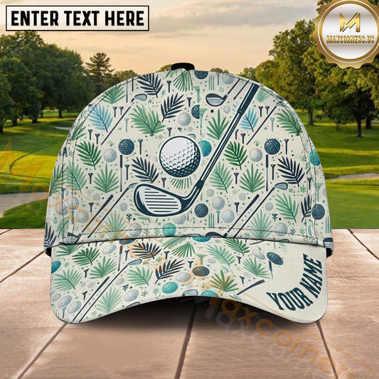 Maxcorners Golf Tropical Leaves Club and Ball Pattern Personalized Name 3D Classic Cap