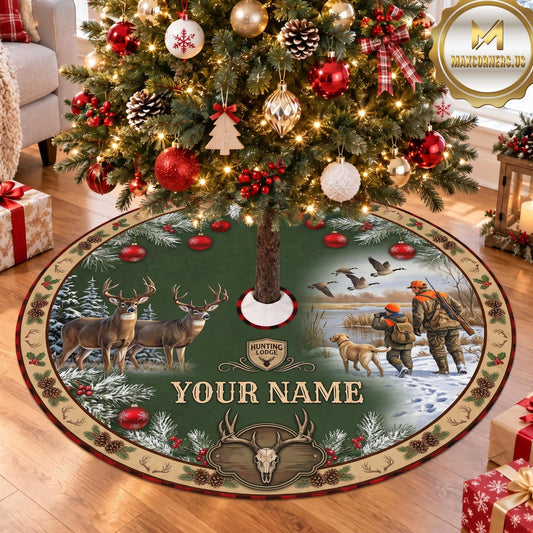 Maxcorners Hunting Deer Winter Woodland Personalized Name 3D Christmas Tree Skirt