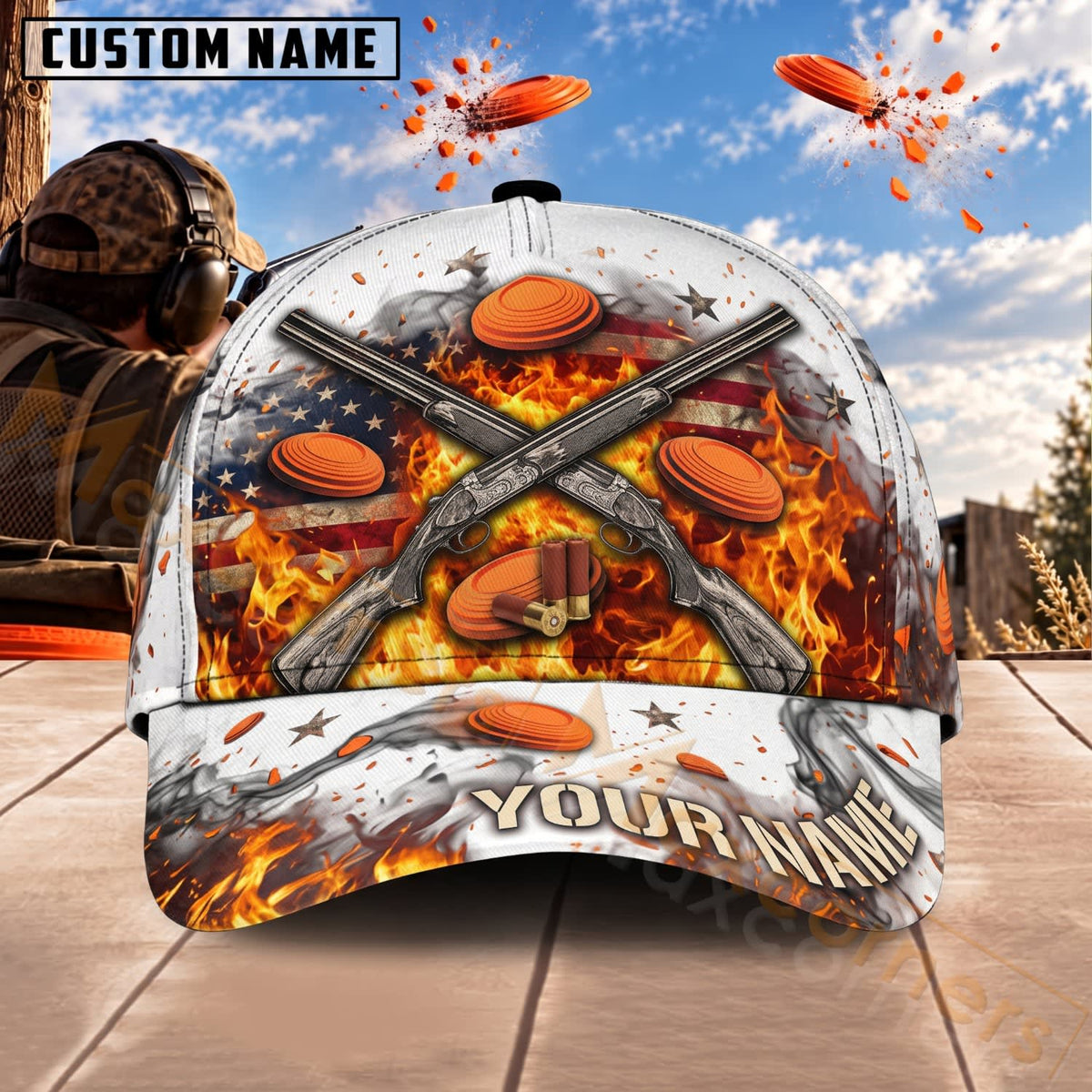 Maxcorners Trap & Skeet Shooting Fiery Crossed Shotguns Personalized Name 3D Cap