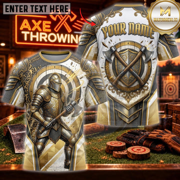 Maxcorners Axe Throwing Antique Gold Viking Warrior Personalized Name 3D Unisex Shirt