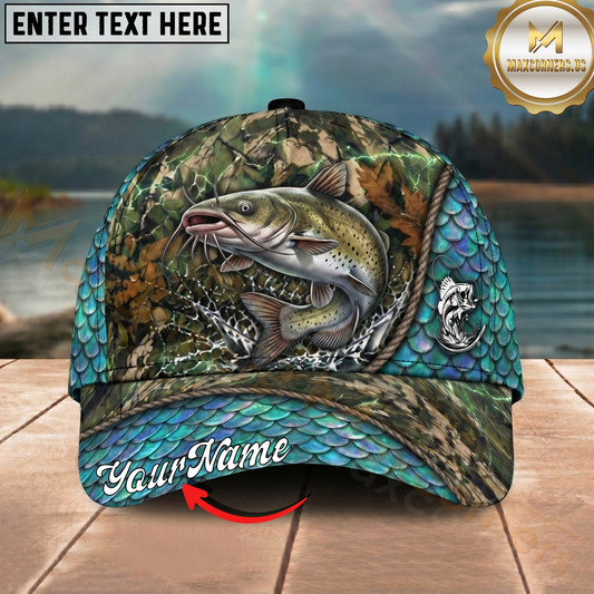 Maxcorners Fishing Mermaid Scale Camo Rope Personalized 3D Cap (12 Fish Species)