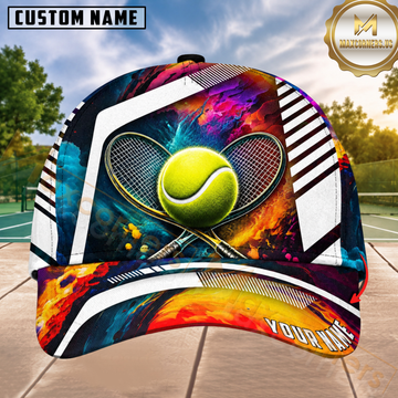 Maxcorners Tennis Abstract Color Splatter Stripes Personalized Name 3D Cap