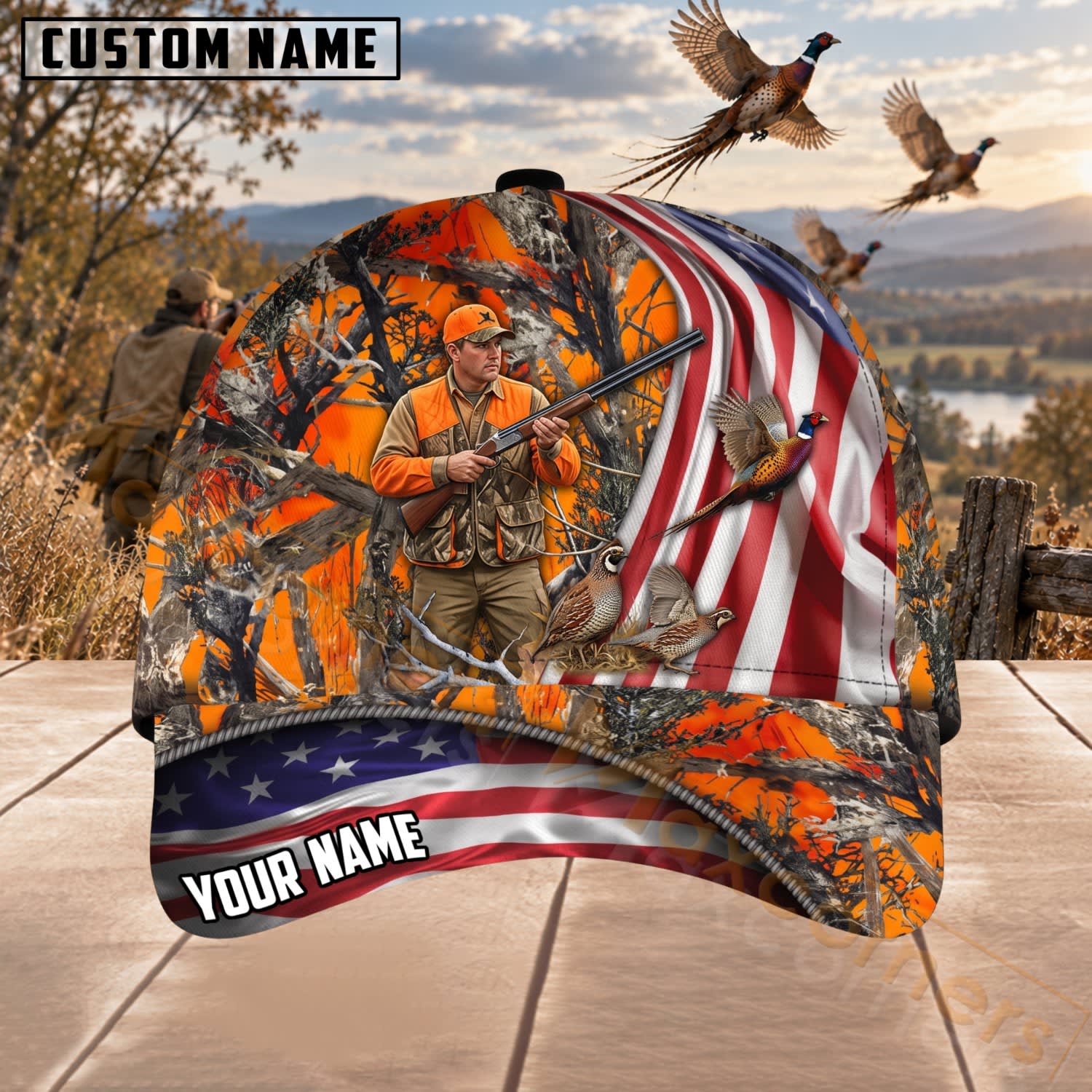 Maxcorners Upland Bird Hunting Blaze Orange American Flag Pheasant Personalized Name 3D Cap