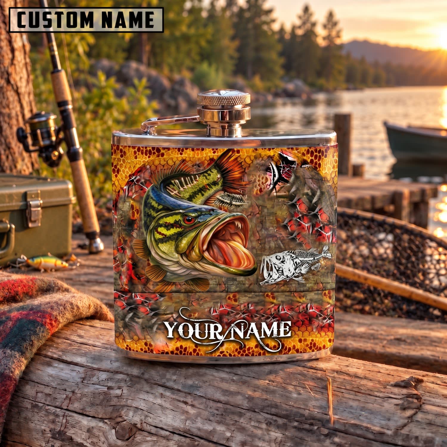 Maxcorners Fishing Largemouth Bass Orange Grunge Personalized Name 3D Hip Flask
