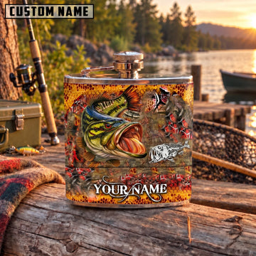 Maxcorners Fishing Largemouth Bass Orange Grunge Personalized Name 3D Hip Flask