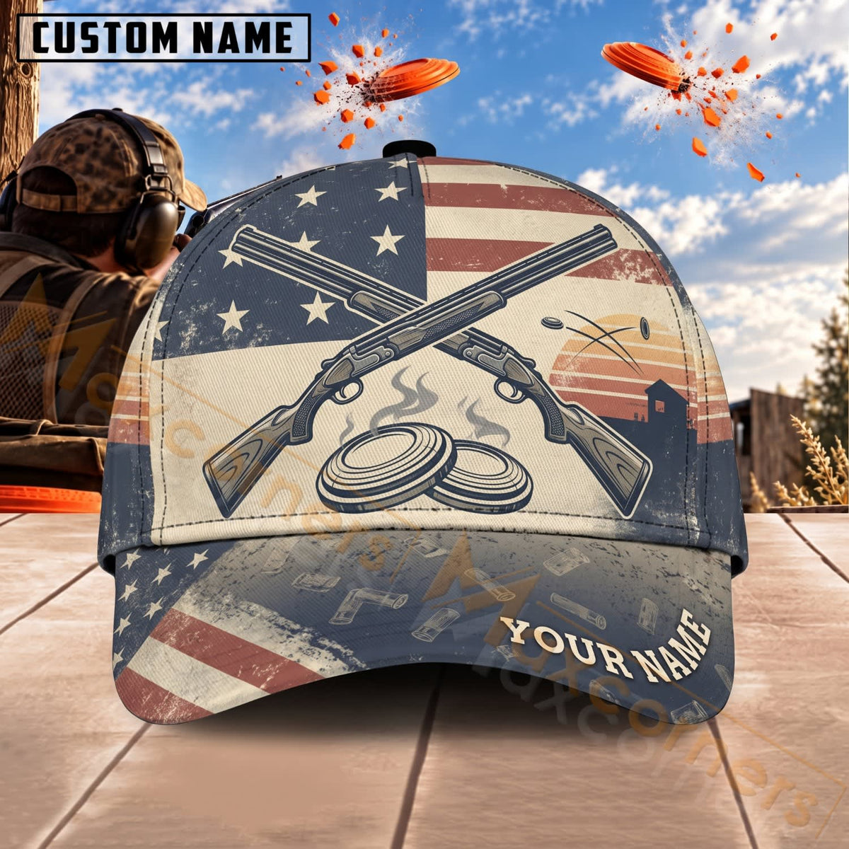 Maxcorners Trap & Skeet Shooting Rustic Crossed Shotguns Personalized Name 3D Cap