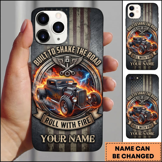Maxcorners Hot Rod Black Classic Car with Flaming Skull and Vintage Garage Badge Personalized Name 3D Phone Case
