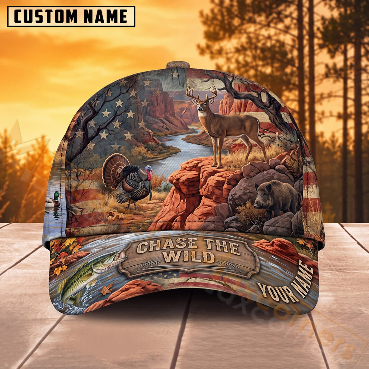 Maxcorners Wildlife Hunting Canyon Landscape Chase The Wild Personalized Name 3D Cap
