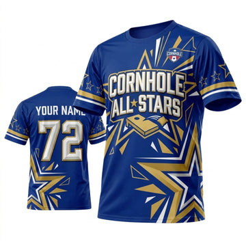 Maxcorners Cornhole All Stars Royal Blue Gold Personalized Name 3D Unisex Shirt