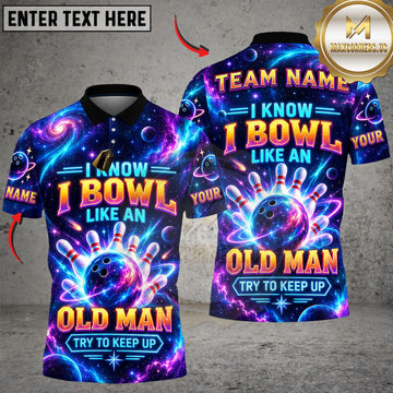 Maxcorners Bowling I Know I Bowl Like An Old Man Blue Purple Neon Personalized Name 3D Unisex Shirt