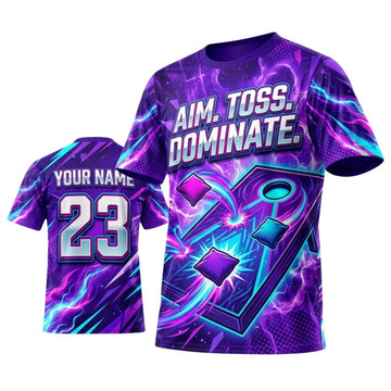 Maxcorners Cornhole Aim Toss Dominate Electric Violet Personalized Name 3D Unisex Shirt