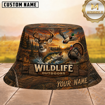 Maxcorners Hunting Wildlife Outdoor Autumn Sunset Forest Personalized Name 3D Bucket Hat