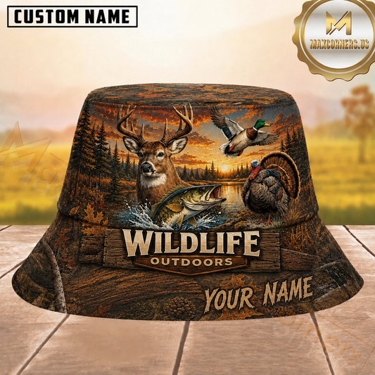 Maxcorners Hunting Wildlife Outdoor Autumn Sunset Forest Personalized Name 3D Bucket Hat