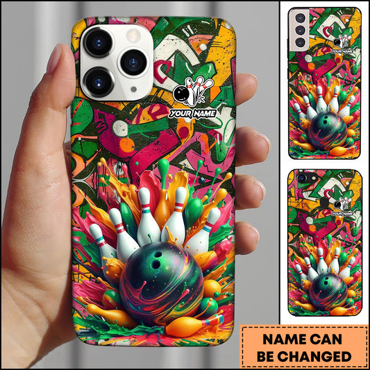 Maxcorners Bowling Color Splash Strike Pins Multicolor Personalized Name 3D Phone Case