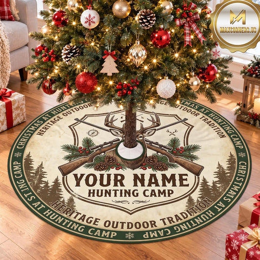 Maxcorners Hunting Antler Vintage Outdoor Tradition Personalized Name 3D Christmas Tree Skirt