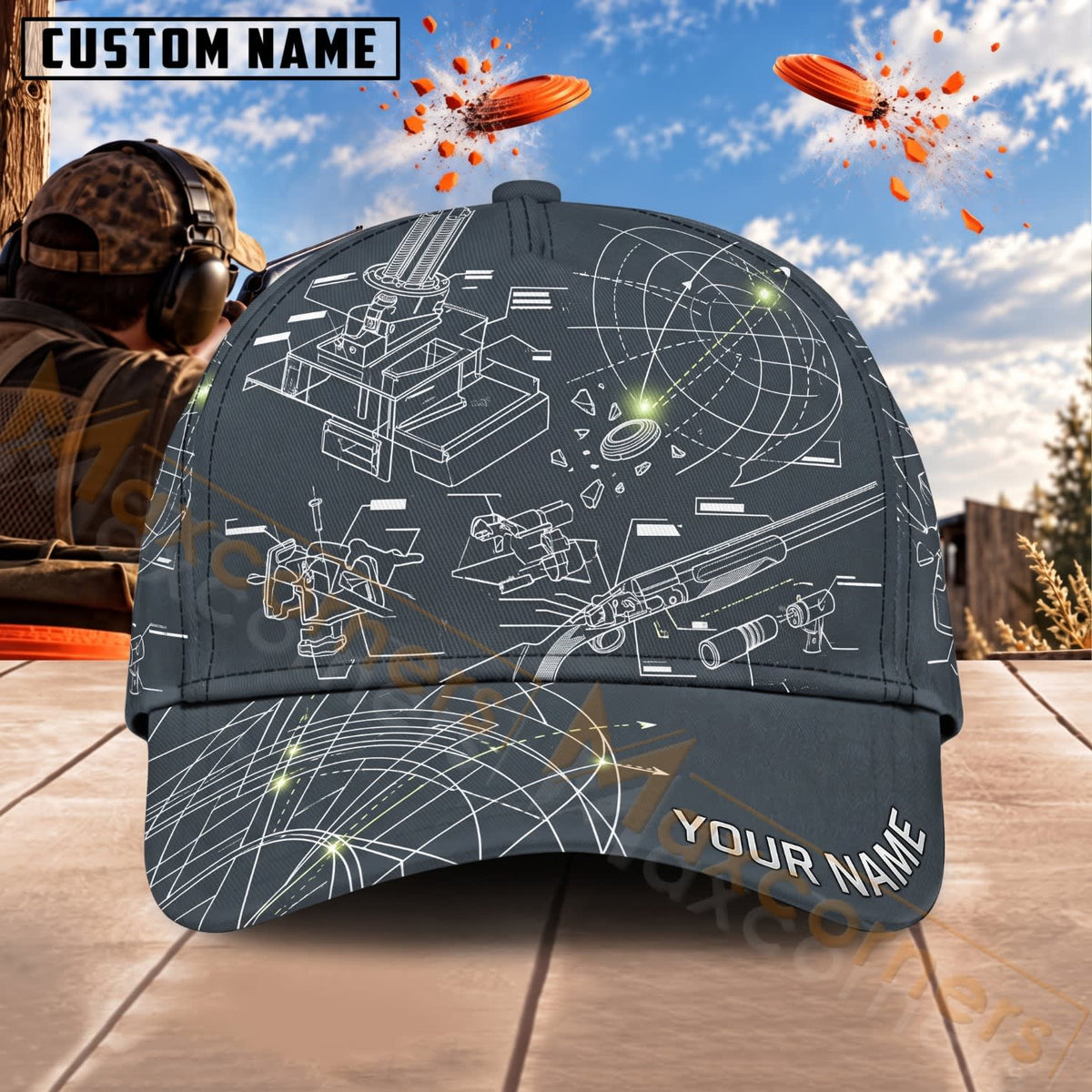 Maxcorners Trap & Skeet Shooting Blueprint Shooting Diagram Personalized Name 3D Cap