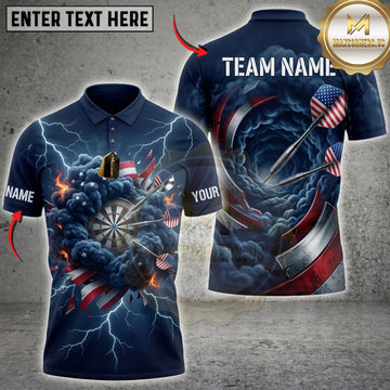 Maxcorners Darts American Flag Blue Lightning And Metallic Dartboard Personalized Name 3D Unisex Shirt