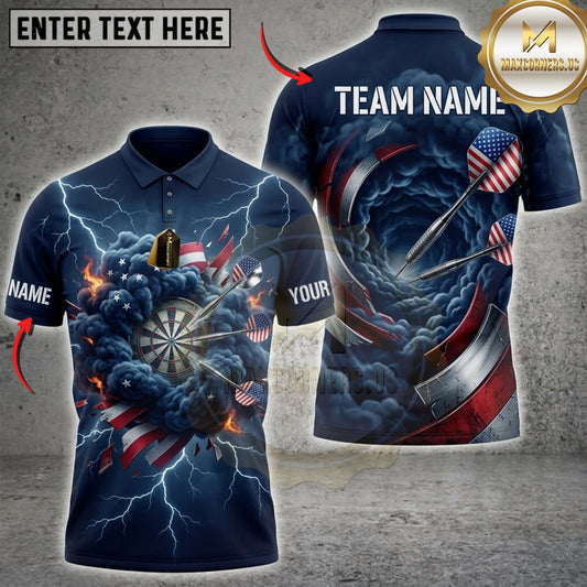 Maxcorners Darts American Flag Blue Lightning And Metallic Dartboard Personalized Name 3D Unisex Shirt