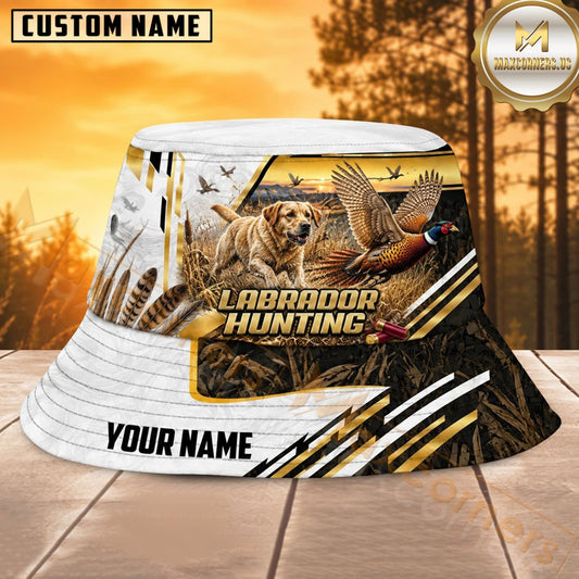 Maxcorners Labrador Hunting White Gold Pine Forest Personalized Name 3D Bucket Hat