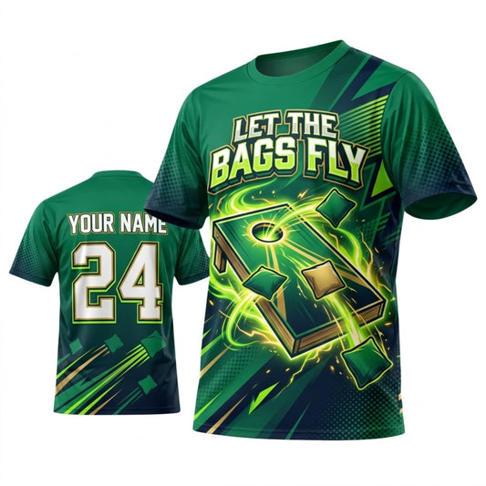 Maxcorners Cornhole Let The Bags Fly Green Lightning Personalized Name 3D Unisex Shirt