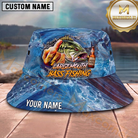 Maxcorners Fishing Blue Water Splash Personalized Name 3D Bucket Hat (12 Fish Species)