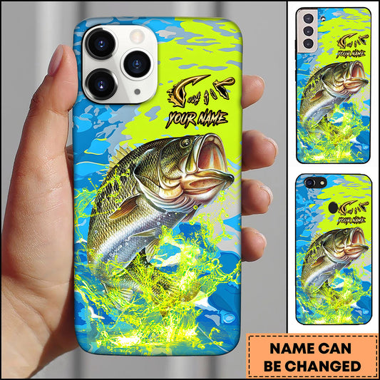 Maxcorners Neon Blue Lime Camo Splash Personalized Name Phone Case (13 Fish Species)