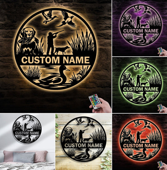 Maxcorners Personalized Metal Sign WITH LED/WITHOUT LED – Duck Hunting Scene with Dog and Hunter – Custom Rustic Wall Decor for Cabin and Lodge LM0110