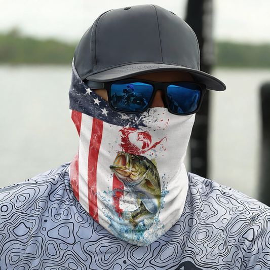 Maxcorners Bass Fishing American Flag Red Blue Seawave Neck Gaiter