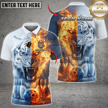 Maxcorners Bowling Fire and Ice Tiger Bowling Ball & Pins Personalized Name 3D Unisex Shirt