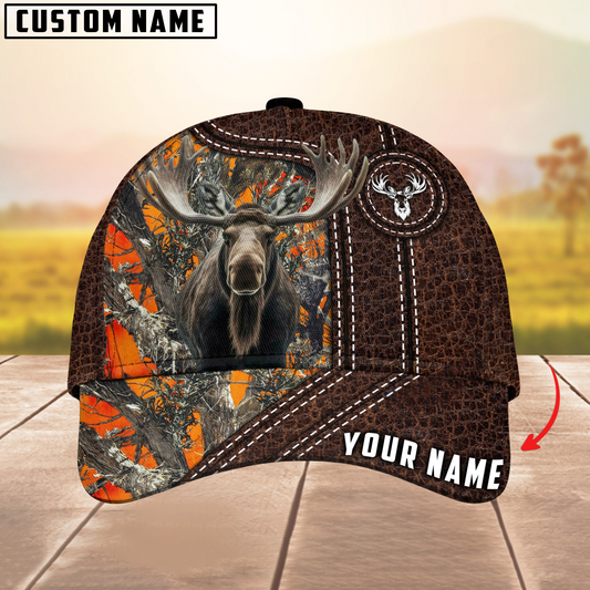Maxcorners Moose Hunting Premium Leather Pattern Mutilcolored Personalized Name 3D Cap