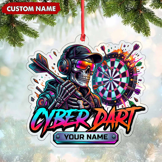 Maxcorners Darts Lover Cyber Dart Typography, Futuristic Target Board, Cool Sunglasses Mascot Personalized Name Ornament 2D Flat