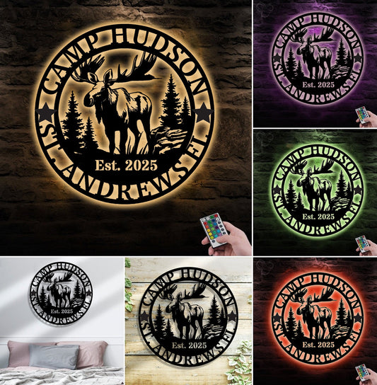 Maxcorners Personalized Moose Metal Sign WITH LED/WITHOUT LED - Rustic Cabin Name Sign, Wildlife Wall Art for Lodge, Camp & Outdoor Decor LM0110