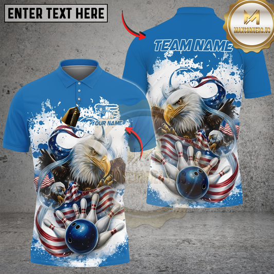 Maxcorners Bowling Eagle Flag Patriot Blue Personalized Name, Team Name 3D Shirt