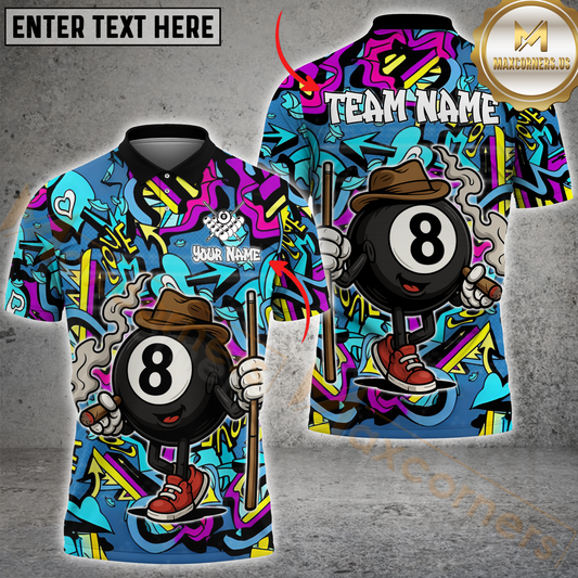 Maxcorners Billiard Ball 8 Pool Graffiti Pattern Multicolor Options Personalized Name, Team Name 3D Polo Shirt