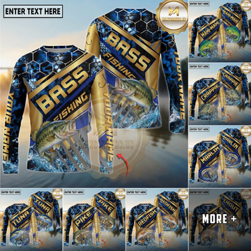 Maxcorners  Fishing Gold Stripe Personalized Name, Team Name Long Sleeve Shirt (9 Fish Species)
