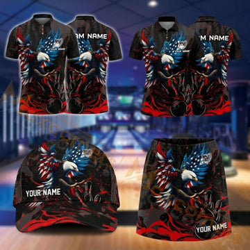 Maxcorners Bowling Grim Reaper Red Flame Design Personalized Team Sportswear Set - Polo Shirt, Cap & Skorts