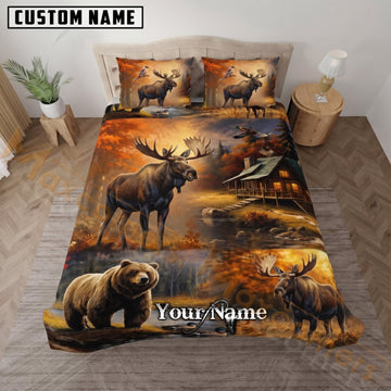 Maxcorners Moose Hunting Bear Autumn Wilderness Custom Name 3D Bedding Set